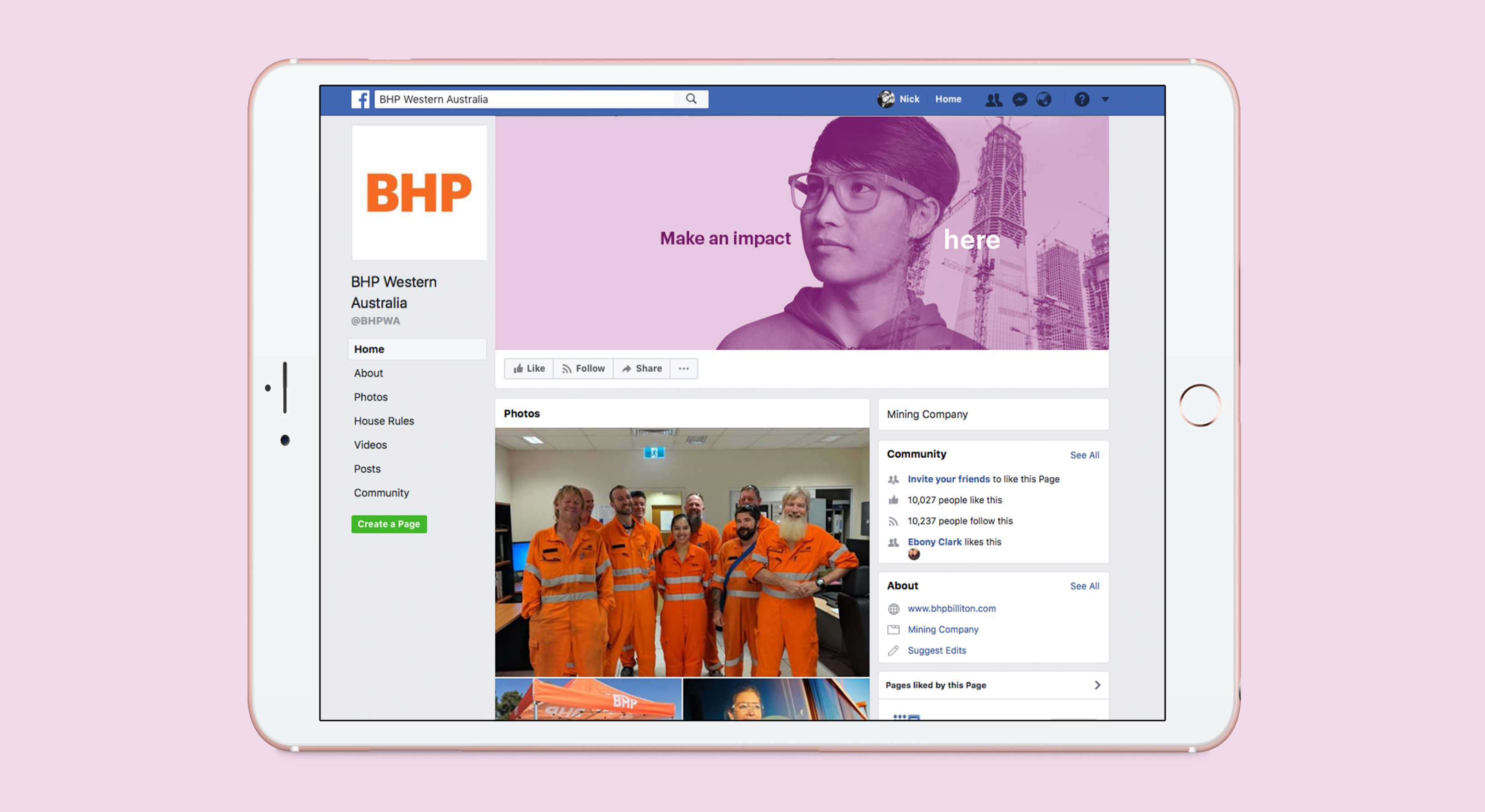 BHP Western Australia Facebook page shown on a tablet screen.