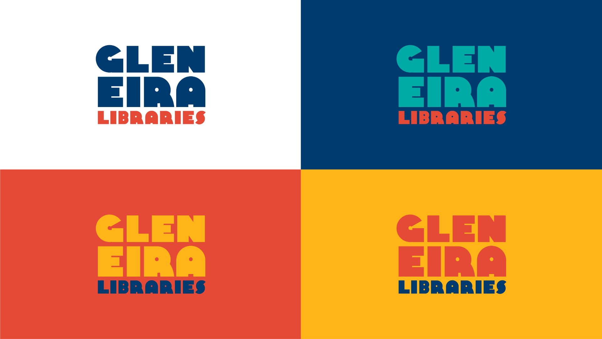 Glen Eira Libraries logo shown on various background colours.