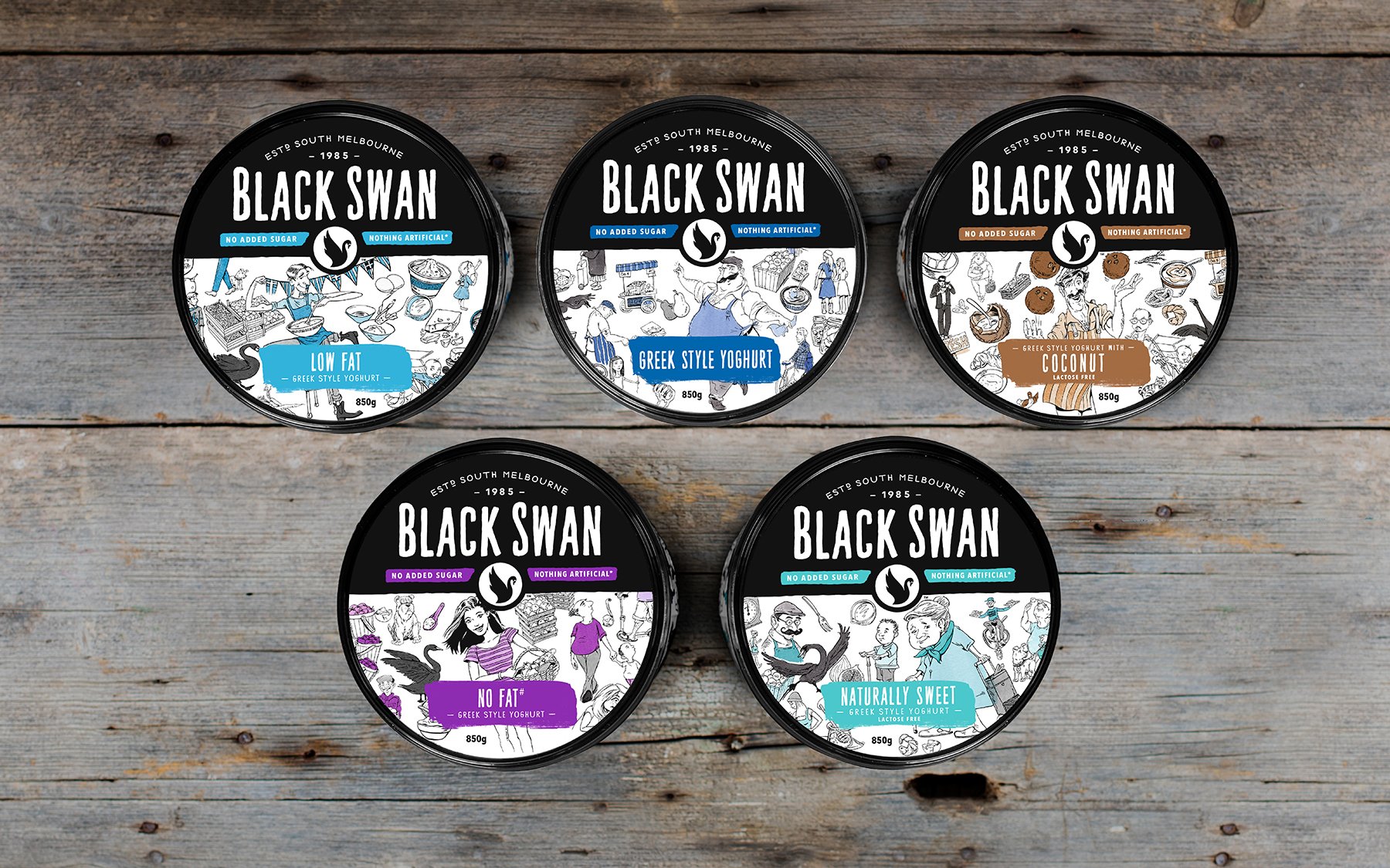 Black Swan yoghurt packaging range.