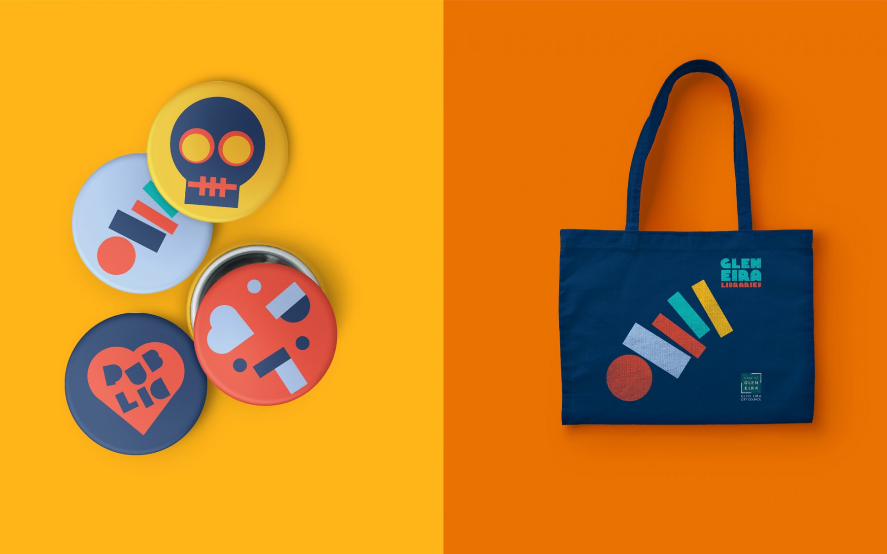 Glen Eira Libraries branded promotional items, tote bag and badges