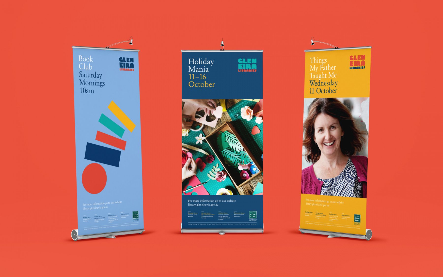 Glen Eira Libraries pull up banners advertising various activities.