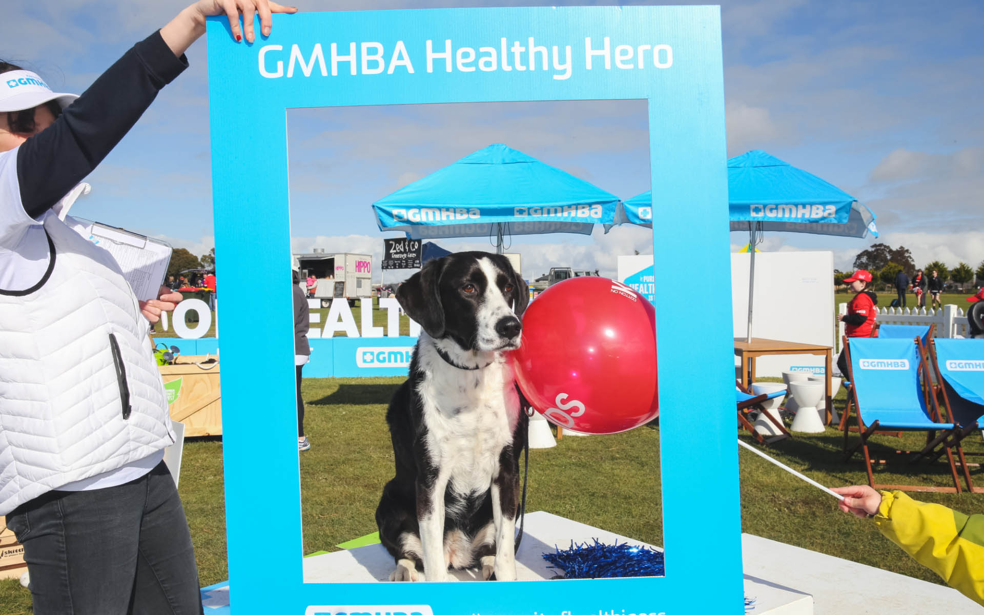GMHBA event day social media selfie frame with dog shown