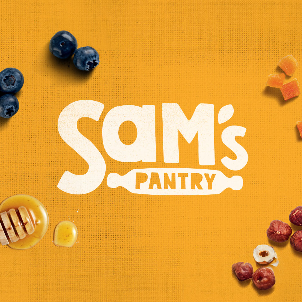 Sam's Pantry Brand Identity on Yellow Cloth with Ingredients