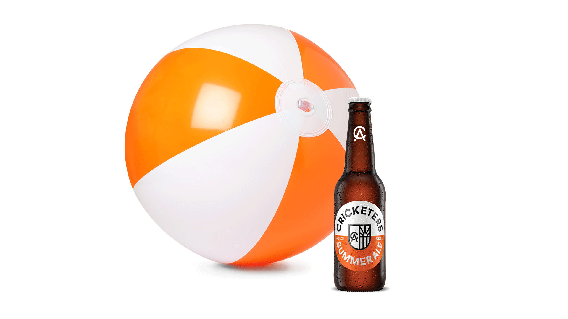 Cricketers Summer Ale branded bottle next to a blow up beach ball.