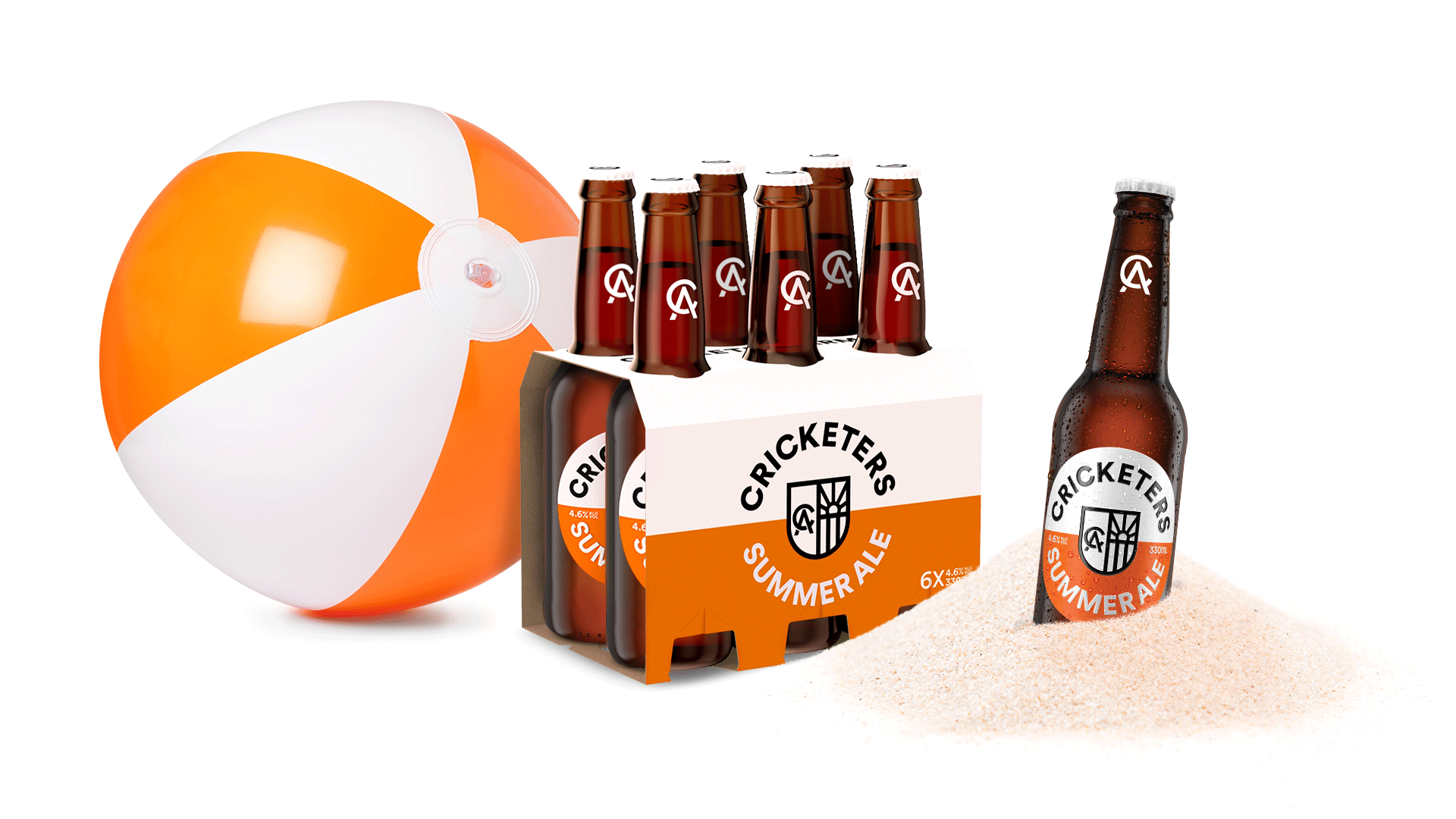 Cricketers Summer Ale single bottle branding and six-pack packaging, in a pile of sand next to a blow up beach ball.