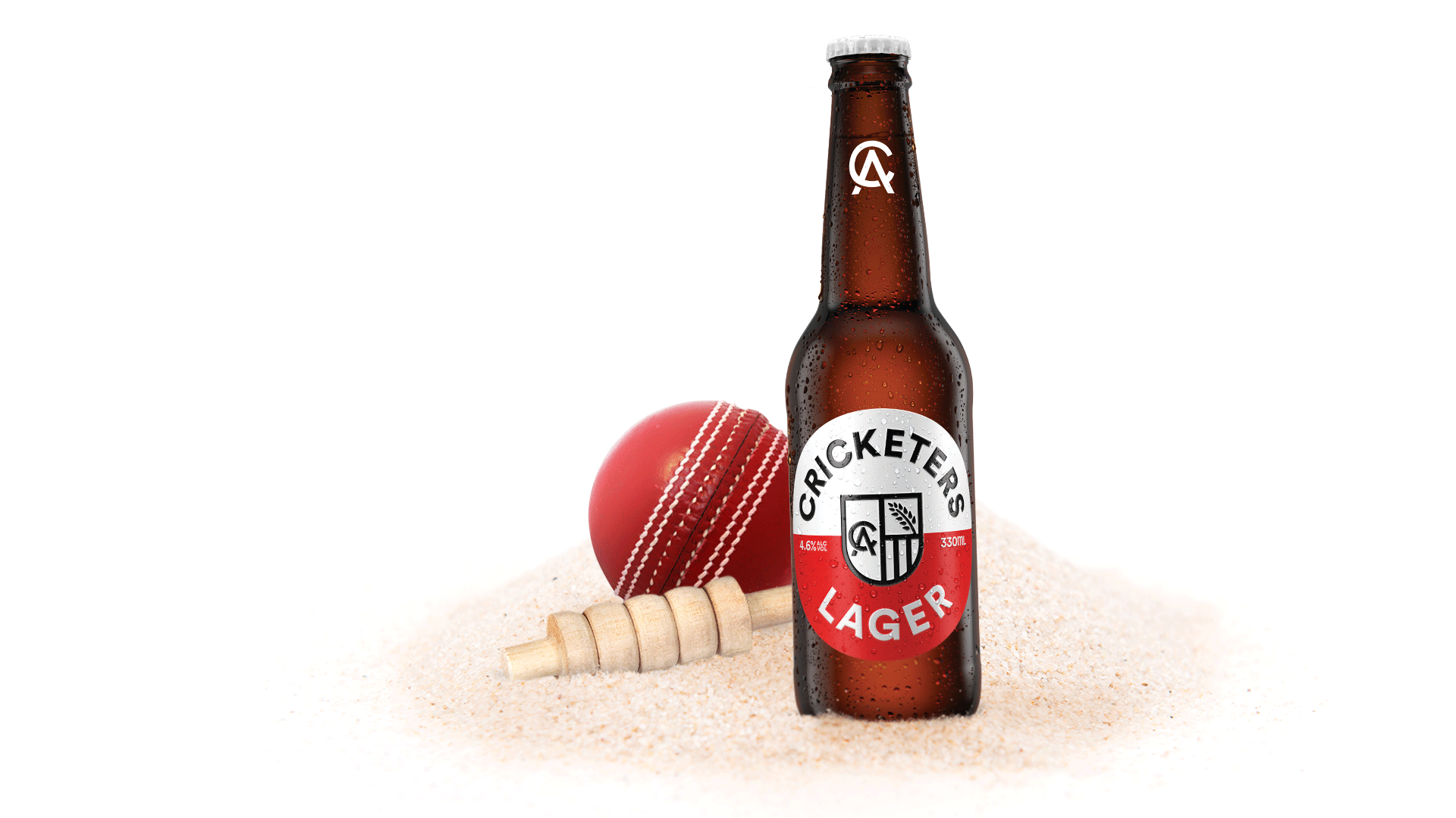 Crickets Lager bottle branding sitting in a pile of sand next to a cricket stump and cricket ball.