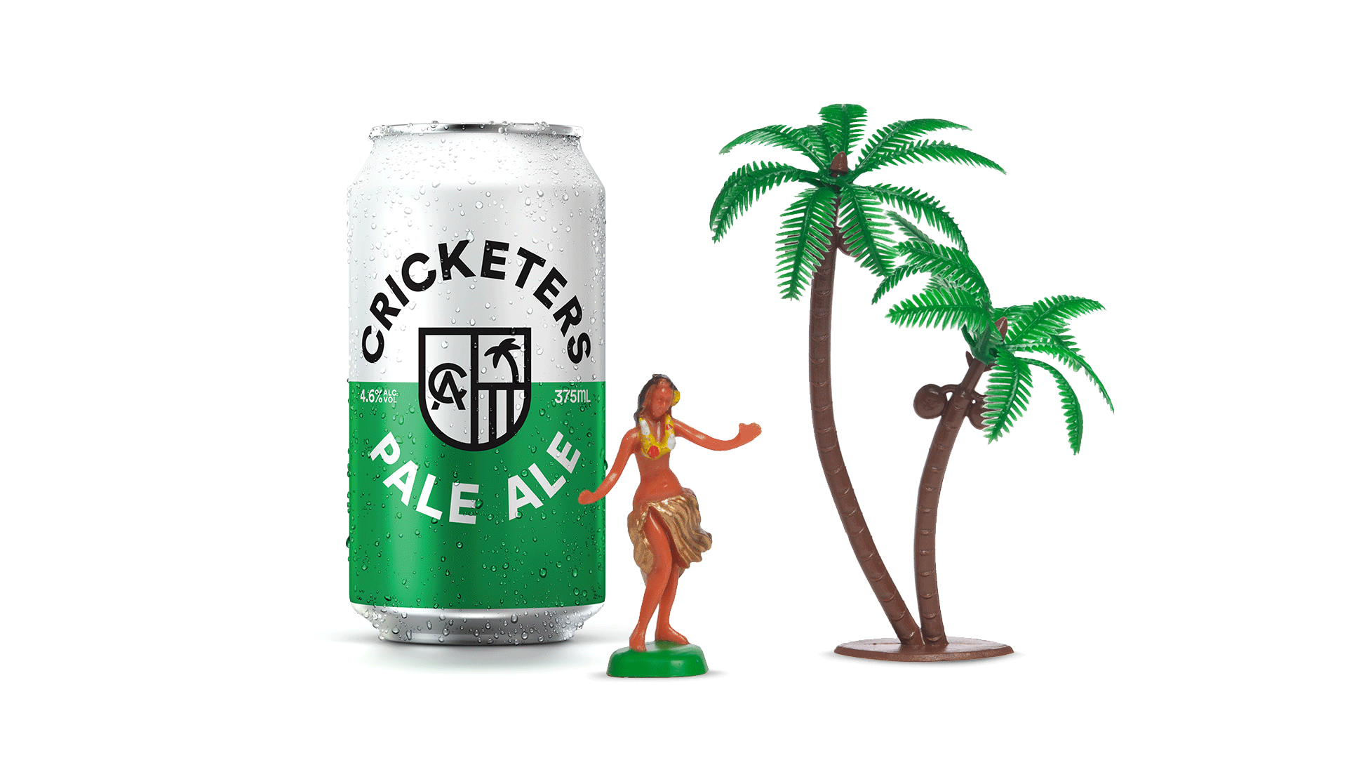 Cricketers Pale Ale can next to toy hula dancer and toy palm trees.