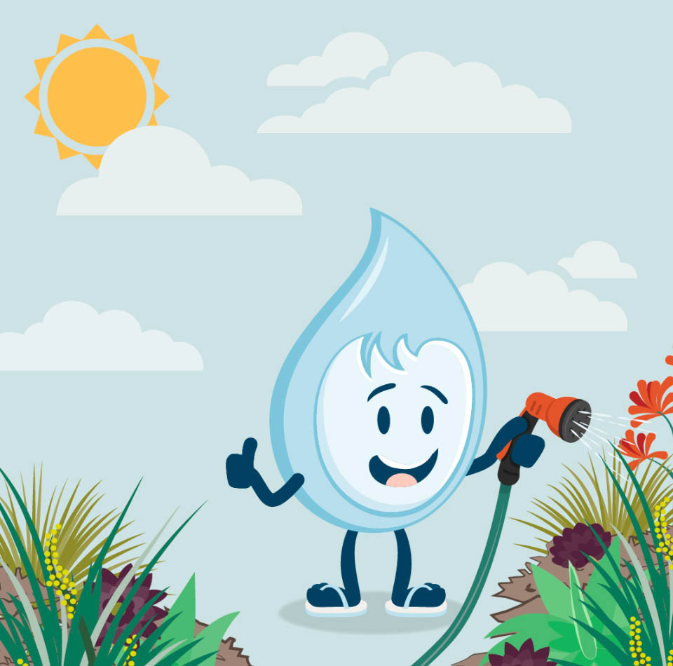 Illustration of water drip Barwon Water character watering a garden under the sun.