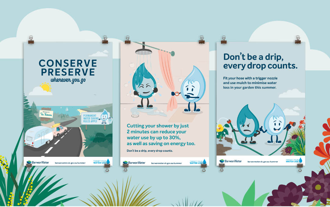 A3 posters of Barwon Waters main water saving tips, against illustrated background of sky and plants.