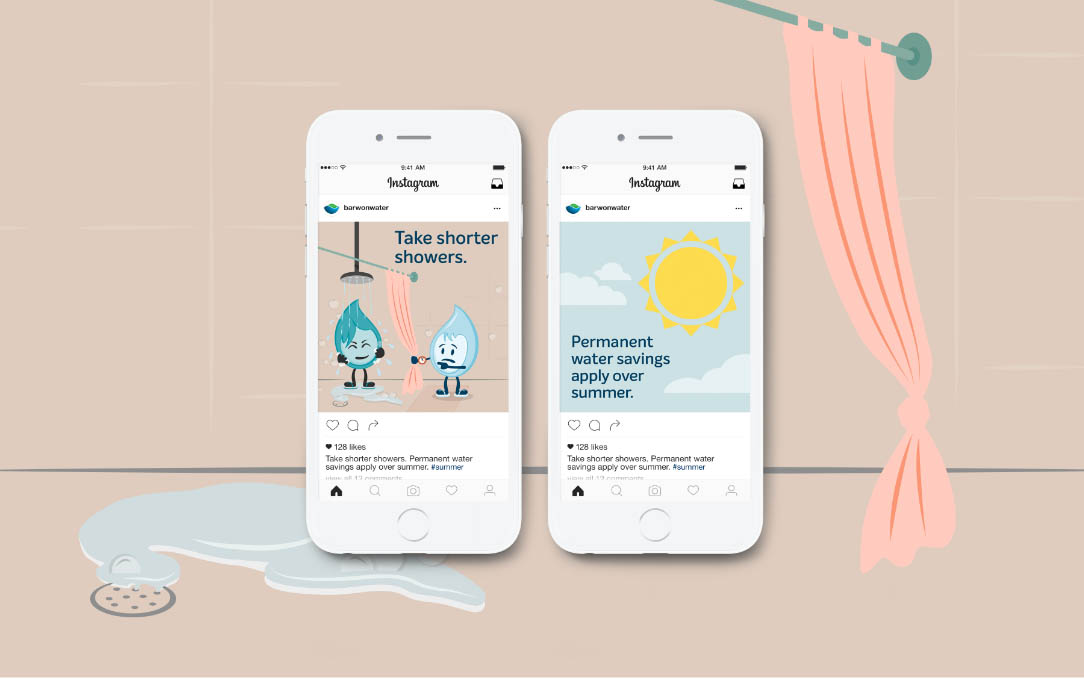 Barwon Water illustrative Instagram adverts shown on iPhone screens.