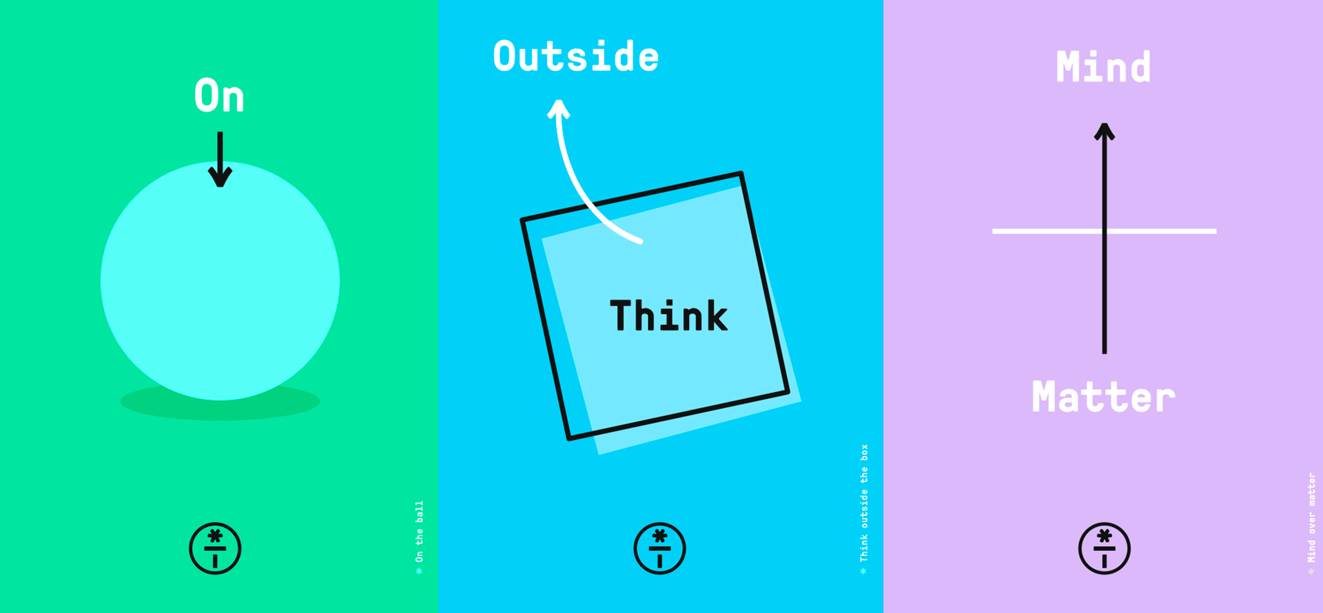T.Lab illustrations, 'On the ball', 'Think outside the box' and 'Mind over matter'.