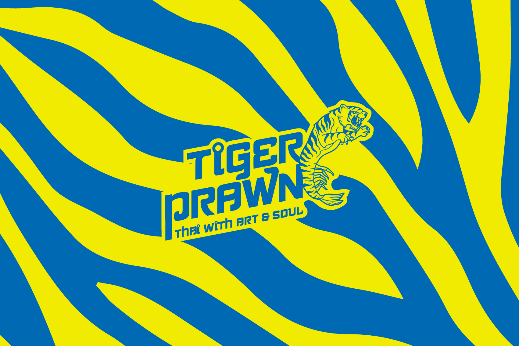 Tiger Prawn logo on a blue and yellow tiger print background