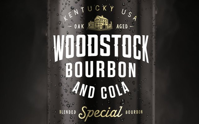 Close up of Woodstock Bourbon and Cola logo on a wet can.