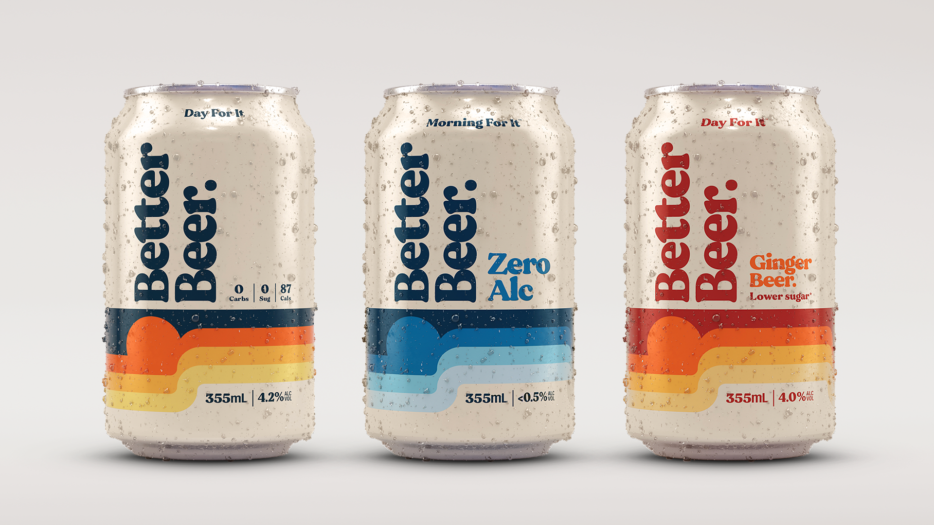 The designs of the Better Beer Range including Zero Alc and Ginger Beer in can packaging