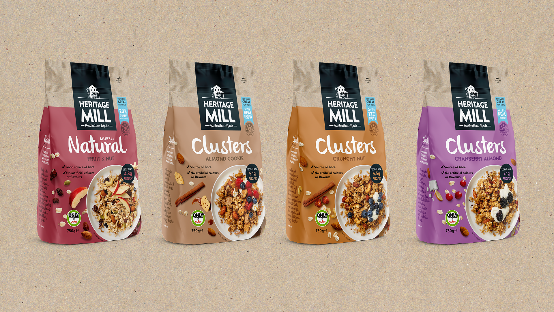 Four different Heritage Mill Clusters range packaging design