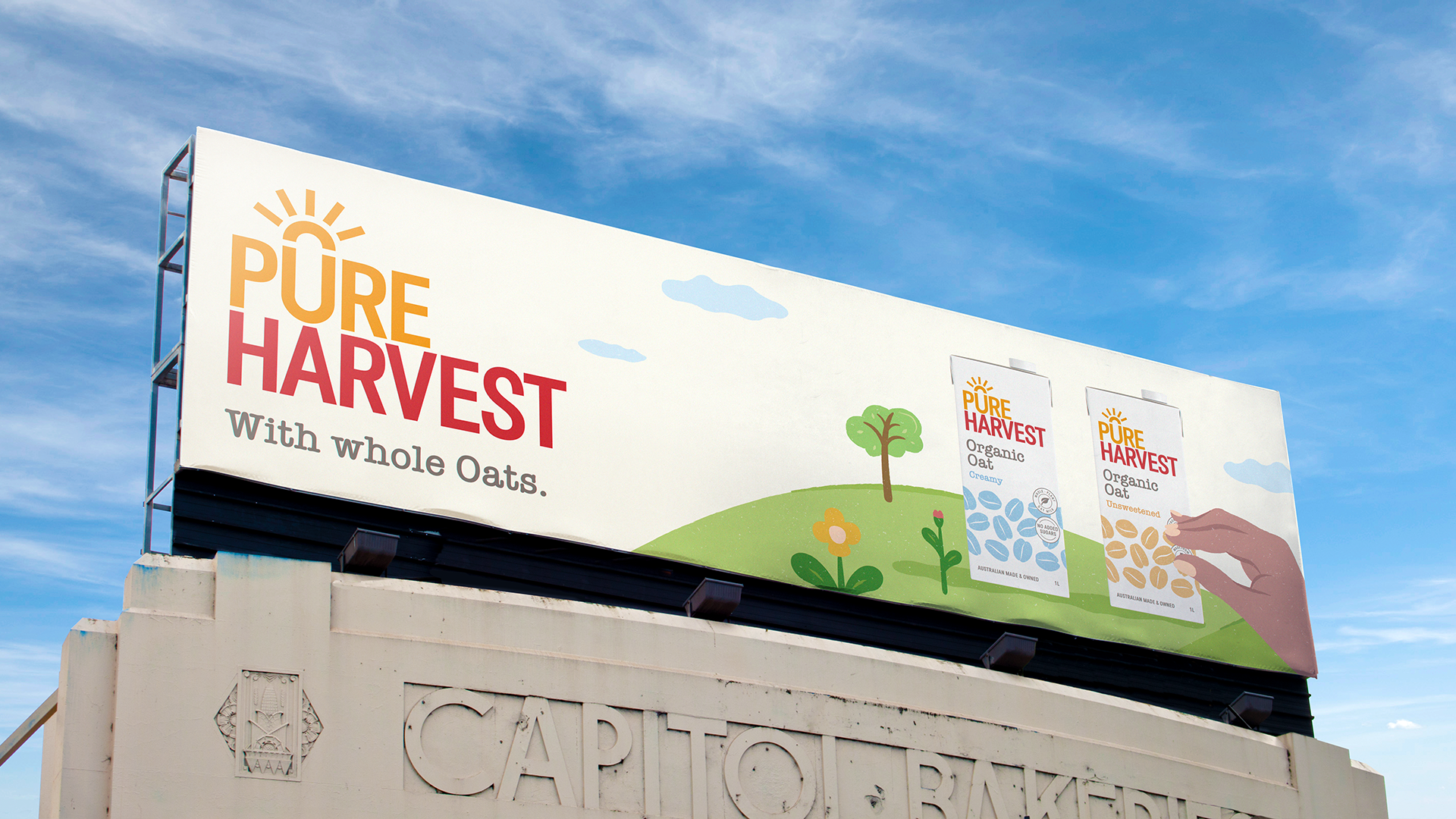 Billboard showcasing the Pure Harvest Organic Oat packaging