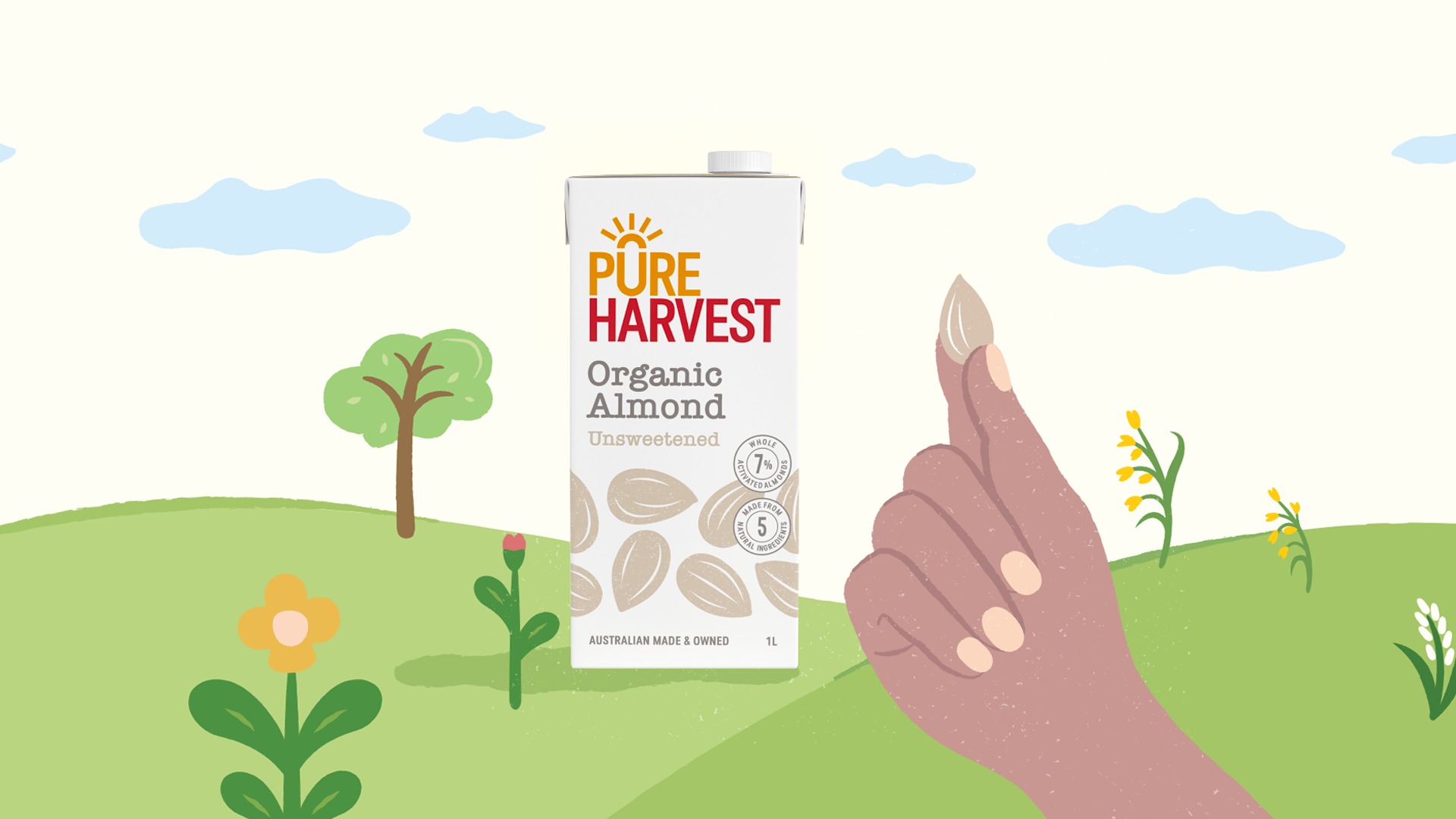 A hand holding a illustrated almond from the organic almond Pure Harvest milk package