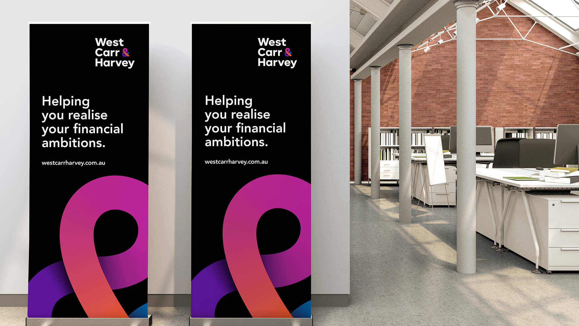 West Carr & Harvey branded pull up banners appearing in modern office environment