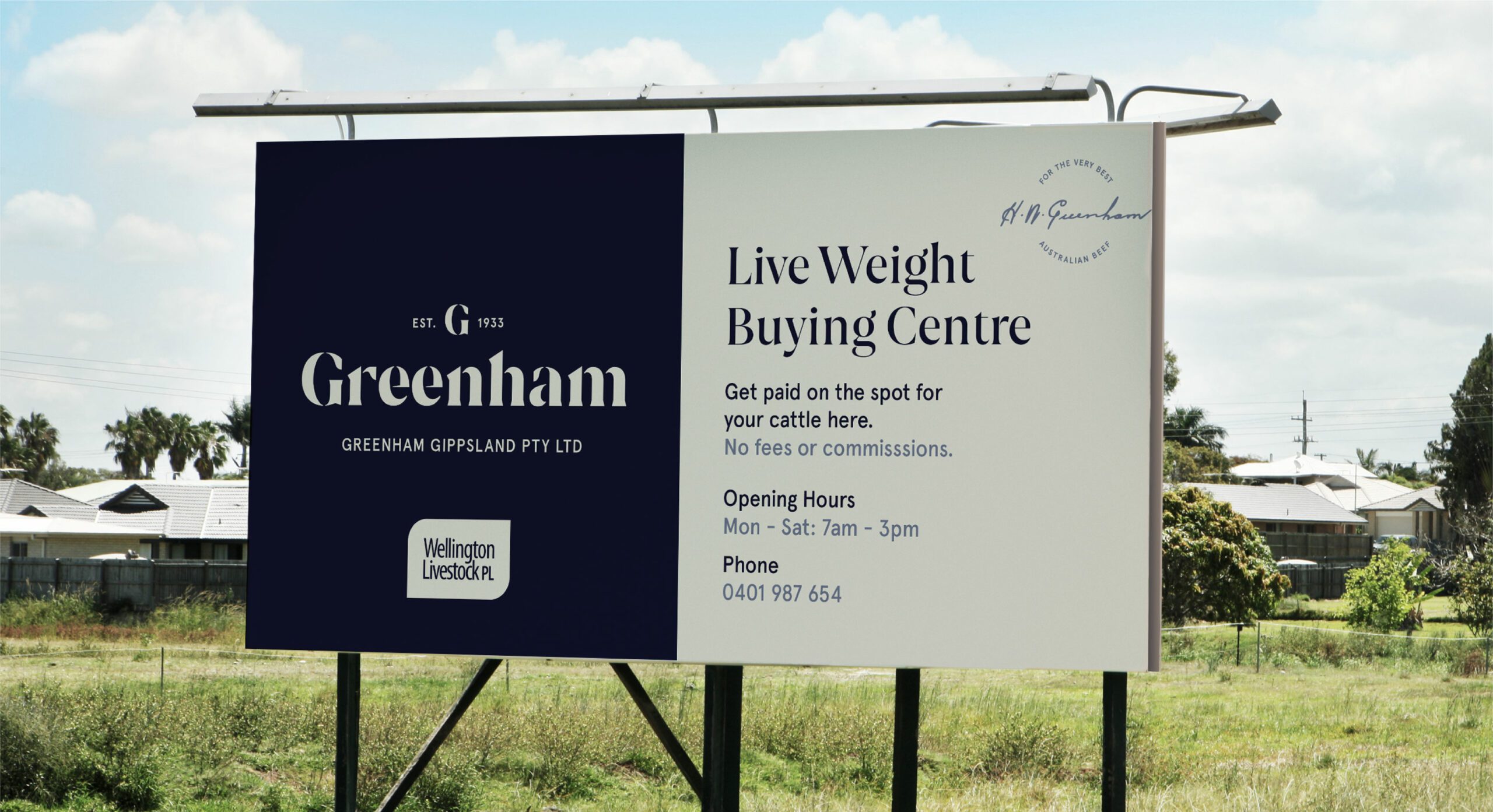 New Greenham Liveweight Brand Identity Signage situated on a Gippsland Farm