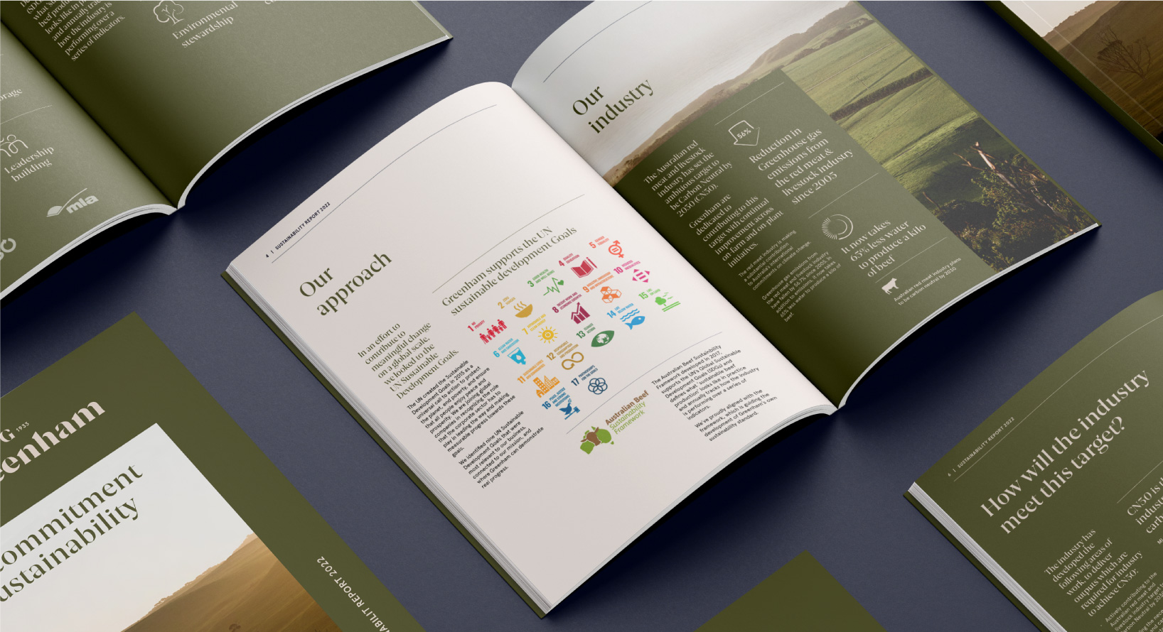 Greenham Sustainability report design layout on double page spread