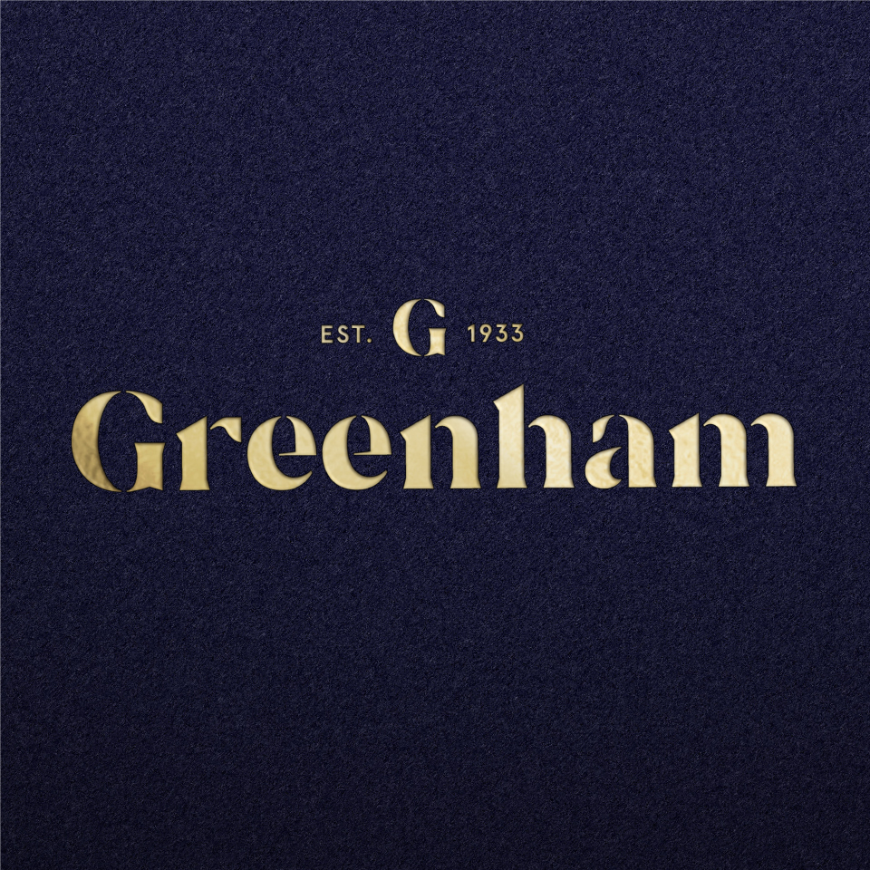 Greenham brand identity debossed with gold foiling print technique