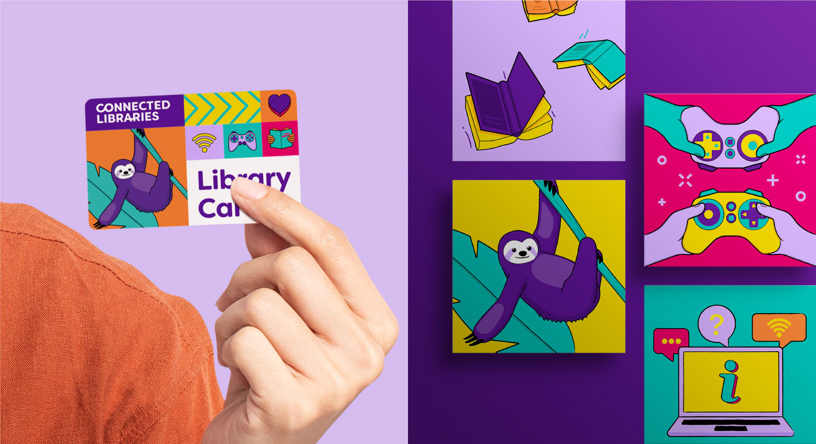 Hand holding a CCL Library Card adjacent to illustrations on a flat purple background