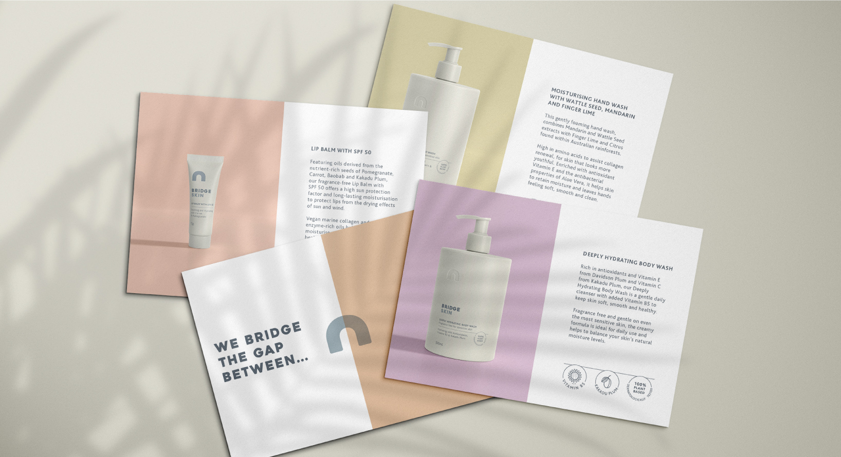 Bridge Skin postcards showcasing the product range and key benefits