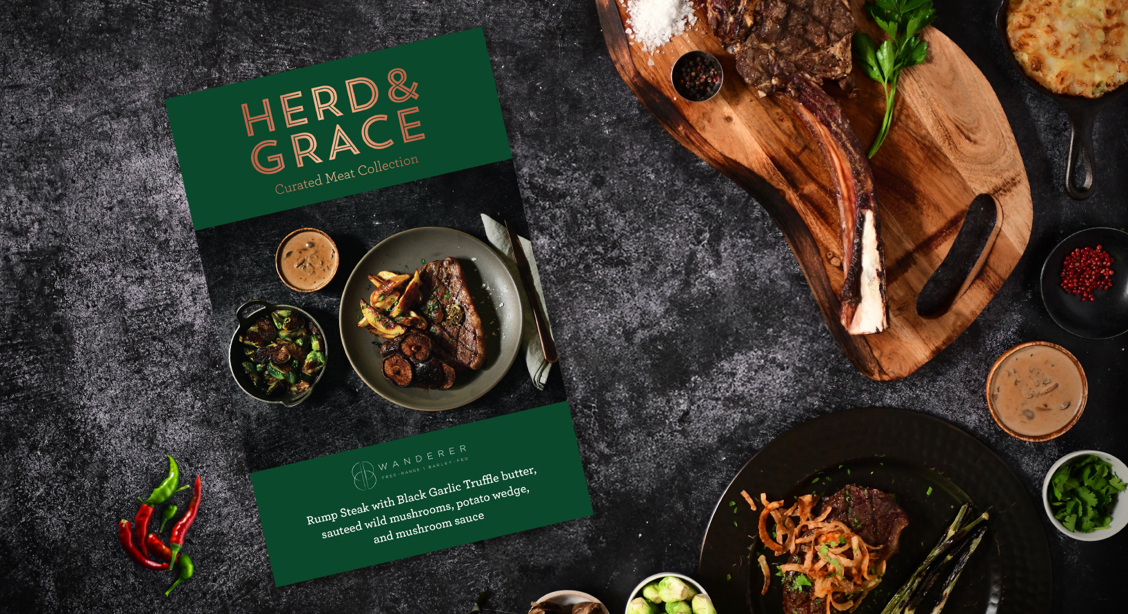 Herd & Grace Branded Recipe Card on Slate Background Surrounded by various ingredients